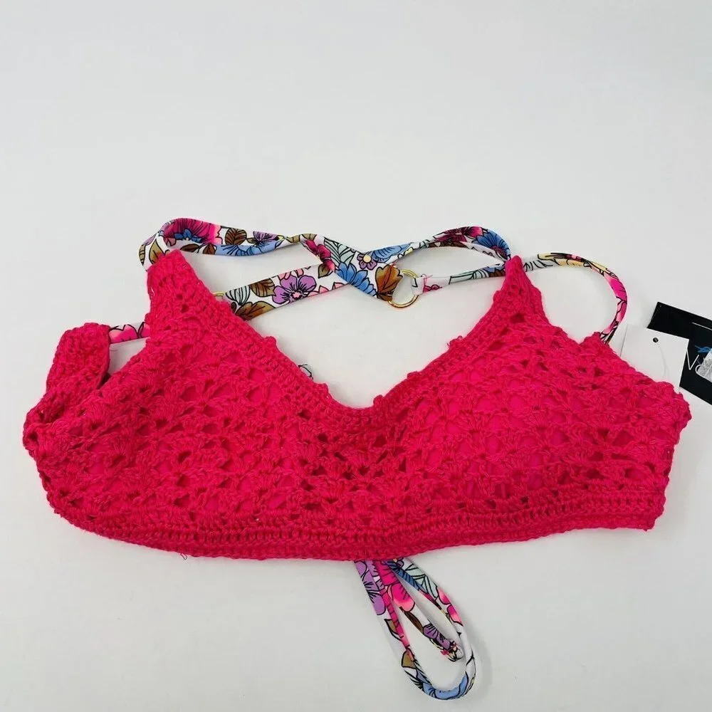 California‎ Waves Juniors Medium Crochet Bralette Bikini Top Racerback Pink 993